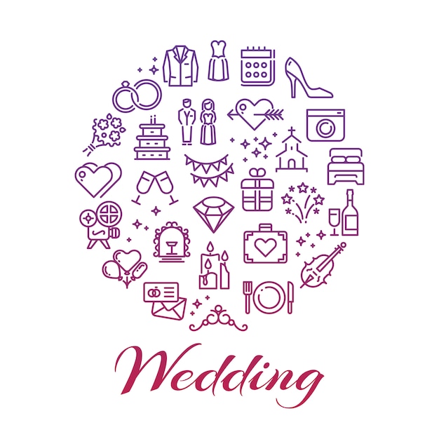 Vector bright wedding line icons round concept