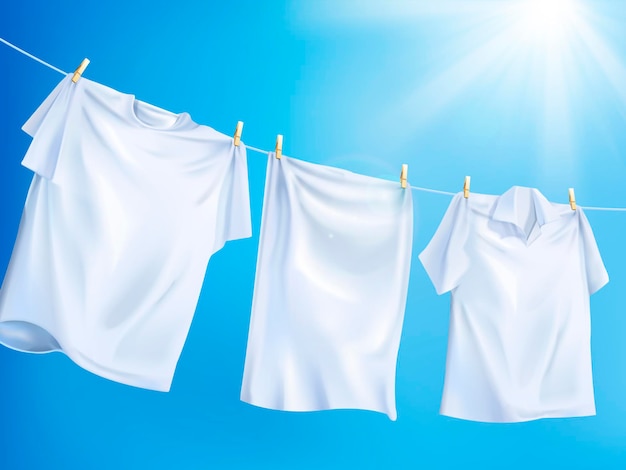 Vector bright white clothes hanging out on washing line, isolated on clear blue sky in 3d illustration