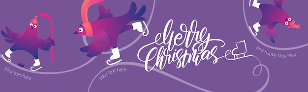 Bright Xmas web banner with funny pigeons Handwritten lettering Merry Christmas