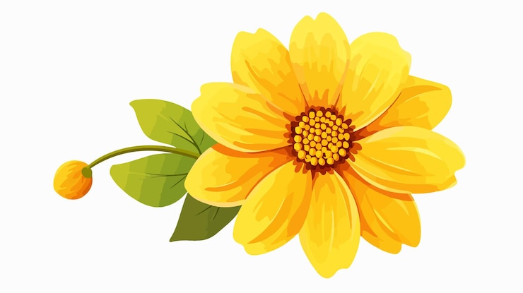 Vector bright yellow cartoon flower on white background