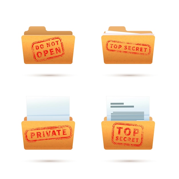 Bright yellow folder icons with documents, archive folders with red top secret stamp isolated