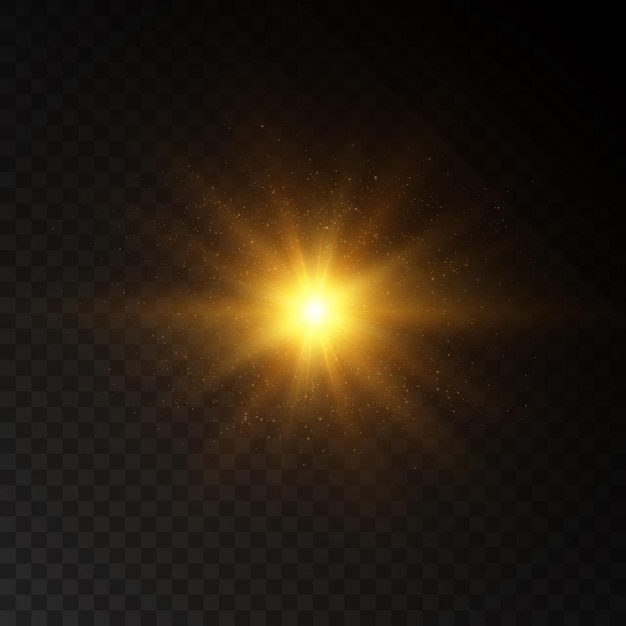 Bright yellow golden glow light effect with rays and glare for vector illustration bright sun