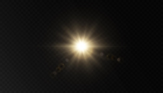 Световой эффект ярко-желтого золотого свечения с лучами и бликами для векторной иллюстрации Яркое солнце