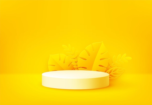 Bright yellow product podium surrounded by paper cut tropical palm leaves on yellow