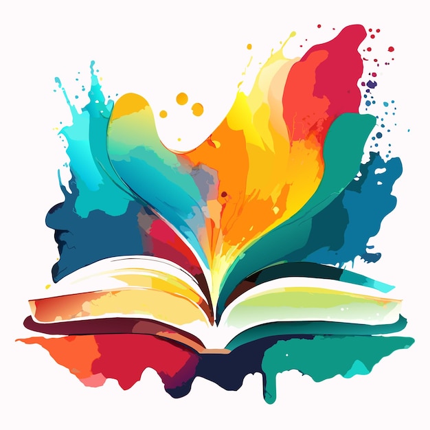 Brightly colored open book with watercolor splashs and a white background