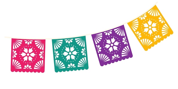 Vector brightly colored paper decorations hanging from a string on a white background