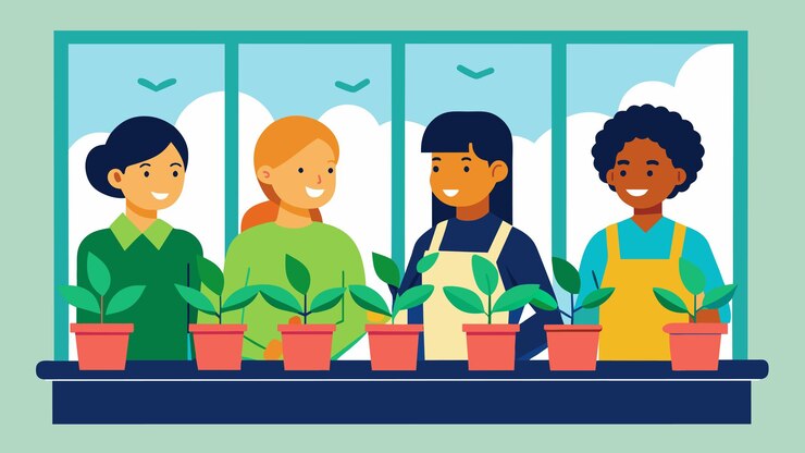 Vector brightly colored potted herbs line the windowsill of the school greenhouse tended to by a group of