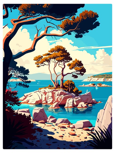 벡터 브리유니 국립공원 크로아티아 빈티지 여행 포스터 기념품  ⁇ 서드 초상화 그림 일러스트레이션