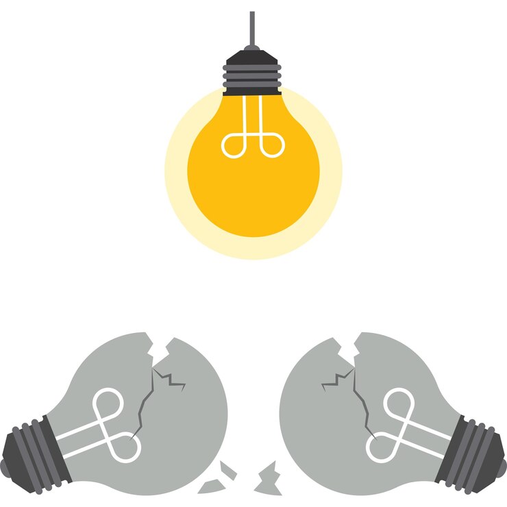 Briljant idee en een verbrijzelde gloeilamp. Vectorillustratie in vlakke stijl
