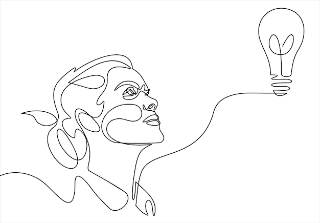 Brillanti idee che mi vengono in mente continuo disegno di una linea profilo del viso di una ragazza lampadina