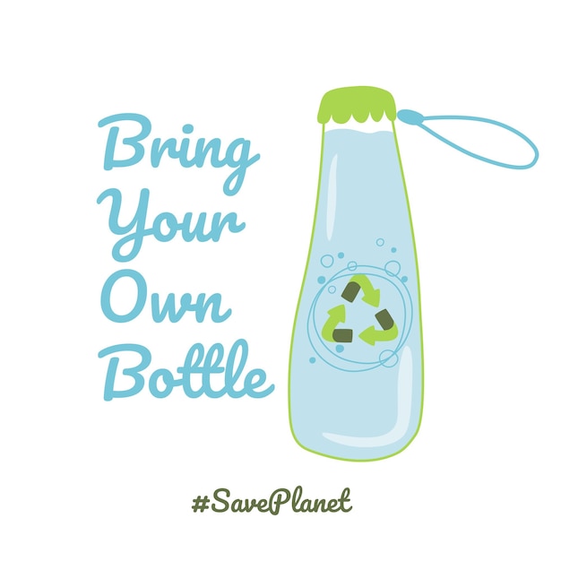 Vettore porta la tua bottiglia ferma l'inquinamento da plastica byob bottiglia di cartone animato disegnata a mano con elemento vettore d'acqua