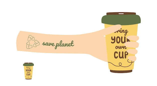 Porta il tuo testo della tazza concetto riutilizzabile della tazza eco friendly recycle logo tazza verde foglie disegno vettoriale