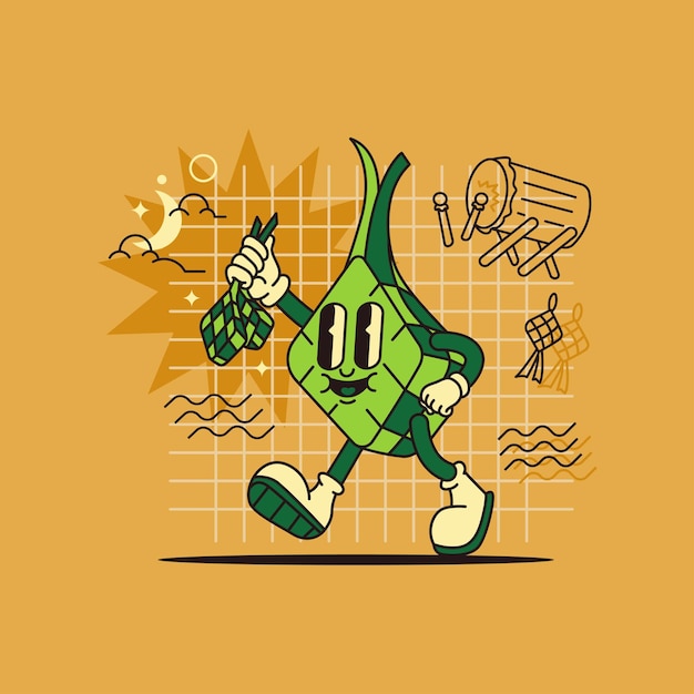 Vector bringing the ketupat to the feast day with the ketupat mascot
