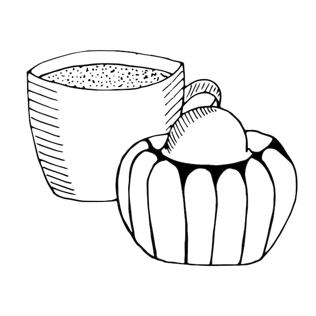 Brioche en een kopje koffie, vectorillustratie, handgetekende schets
