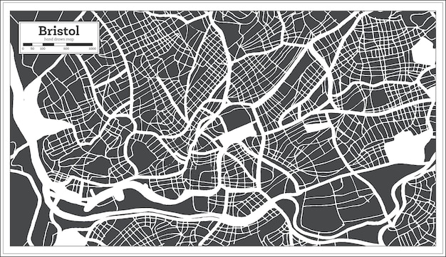 Mappa della città di bristol, gran bretagna, in bianco e nero, in stile retrò, mappa di contorno, illustrazione vettoriale