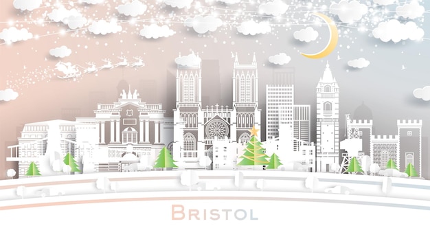 Bristol UK Winter City Skyline in Paper Cut Style met sneeuwvlokken Maan en Neon Garland Kerstmis Nieuwjaar Concept Kerstman op slee Bristol Engeland Stadsbeeld met bezienswaardigheden