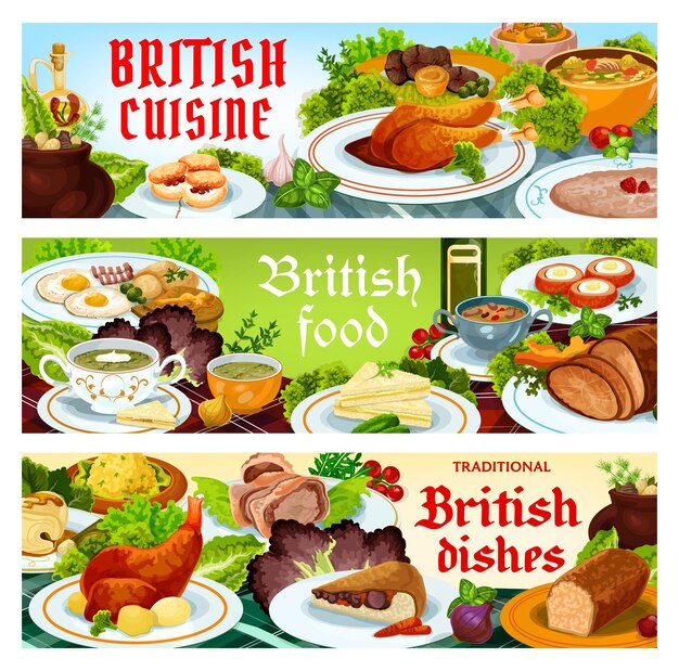 Баннеры векторных блюд английской кухни британской кухни