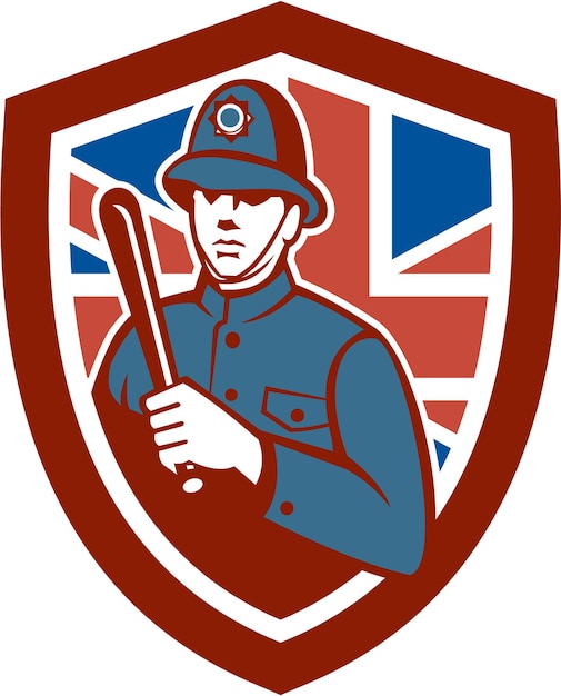 Vector british bobby policeman truncheon flag shield retro