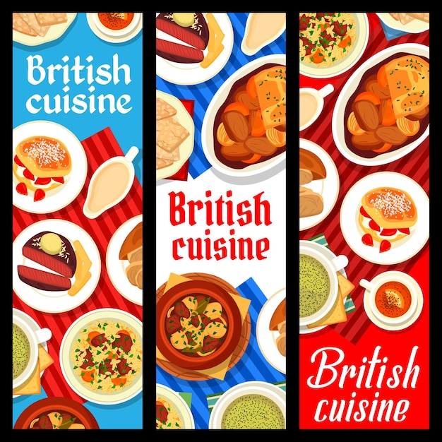 Cibo della cucina britannica con striscioni di piatti inglesi