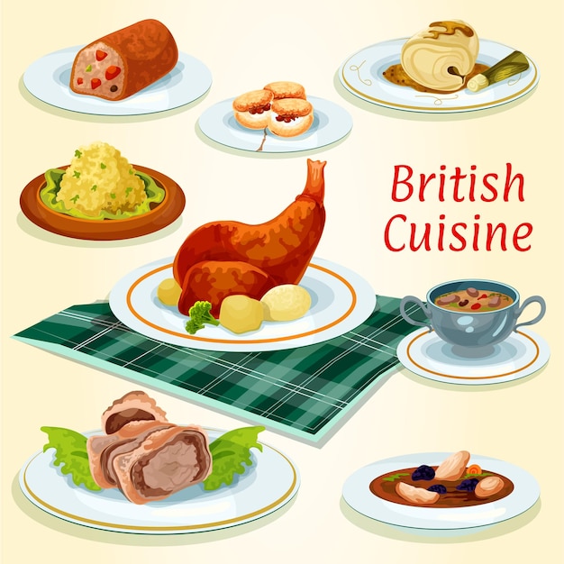 Vector british cuisine icon with popular dinner dishes