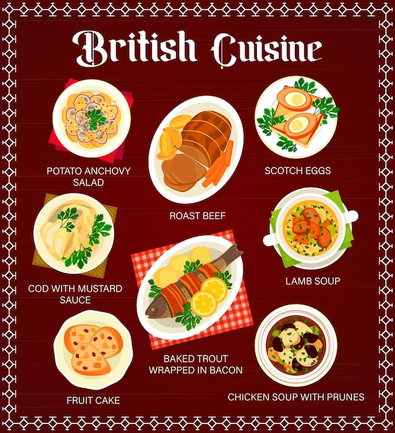 Disegno della pagina vettoriale del menu dei pasti della cucina britannica