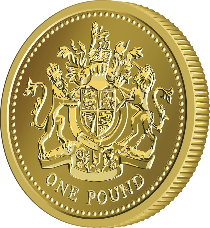 Vector british money gold coin one pound with the image of a heraldic lion unicorn shield and crown isolate...