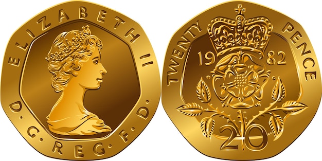 Moneta d'oro britannica da venti pence, retro con segmento di scudo reale, dritto con regina