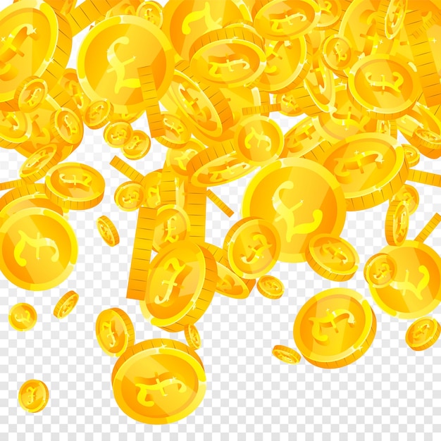 British pound coins falling. Extra scattered GBP coins. United Kingdom money. Extraordinary jackpot, wealth or success concept. Vector illustration.