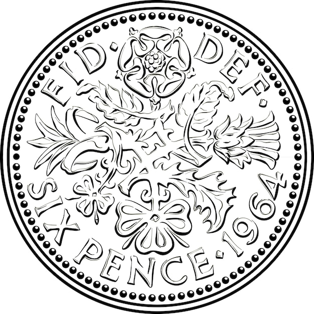 영국식 6펜스 동전 뒷면 꽃무늬 흑백