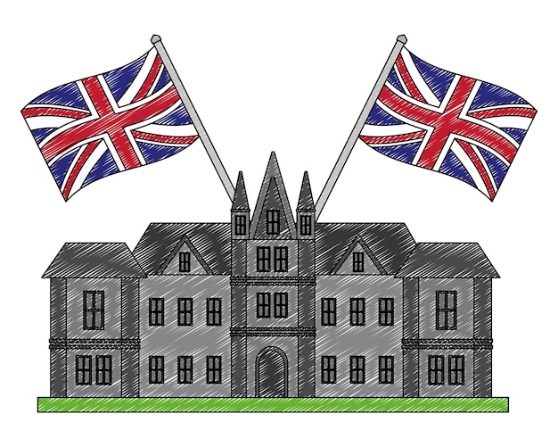 Brits kasteel met vlaggen van groot-brittannië