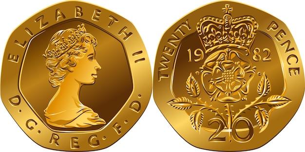 Vector britse geld gouden munt twintig pence, keerzijde met segment of royal shield, voorzijde met queen