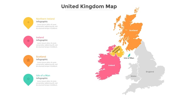 Britse kaart verdeeld in provincies of regio's met moderne grenzen. Geografische locatieaanduiding. Infographic ontwerpsjabloon. Vectorillustratie voor presentatie, brochure, toeristische website.