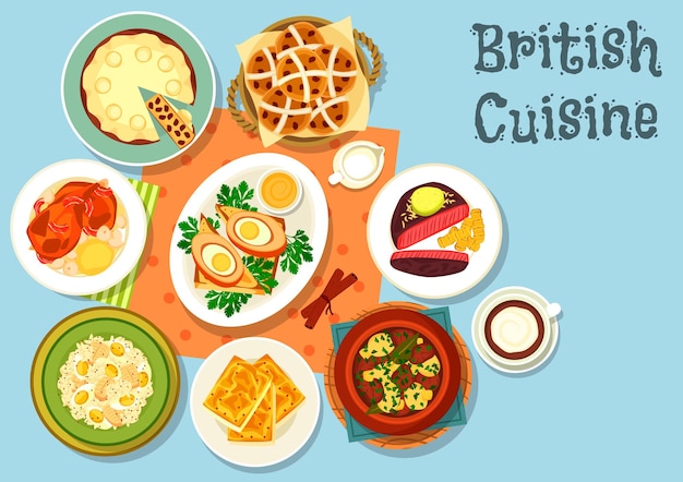 Britse keuken hoofdgerechten met snacks icoon van kaas toast, biefstuk, vis rijstsalade, Ierse groente vlees stoofpot, scotch ei verpakt in worst vlees, eend taart, fruit brood, gebakken konijn