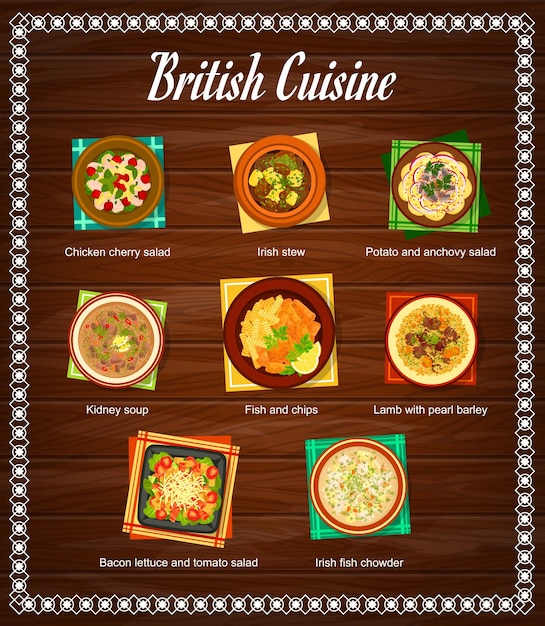 Britse keuken maaltijden menu pagina vector sjabloon