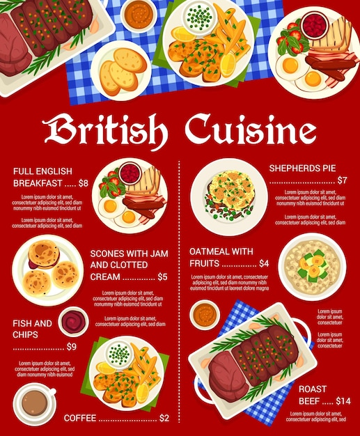 Britse keuken maaltijden menu paginasjabloon