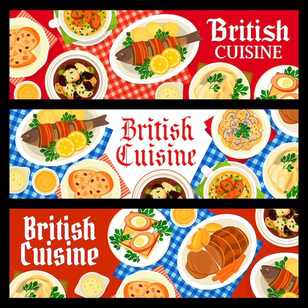 Britse keuken restaurant maaltijden vector banners