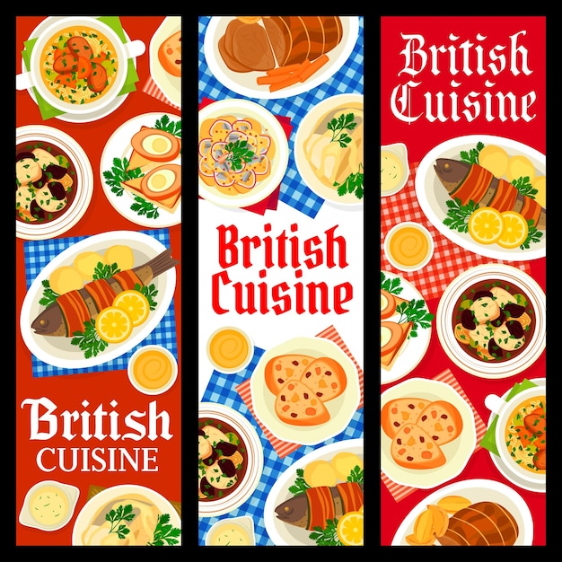 Britse keuken vlees- en vismaaltijden vector banners