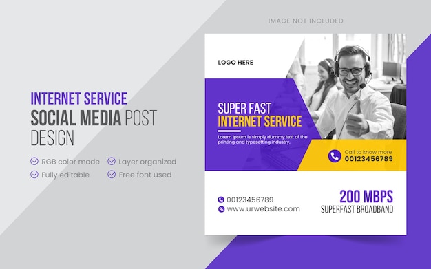 Broadband internet connection social media post or square banner design template premium vector