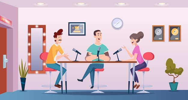 Broadcast studio Podcast interview people talking to microphones interior room exact vector cartoon background