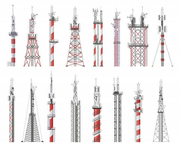 Broadcast technology tower. communication antenna tower, wireless radio signal station. cellular network tower  illustration icons set. radio signal tower, cellular broadcast cordless