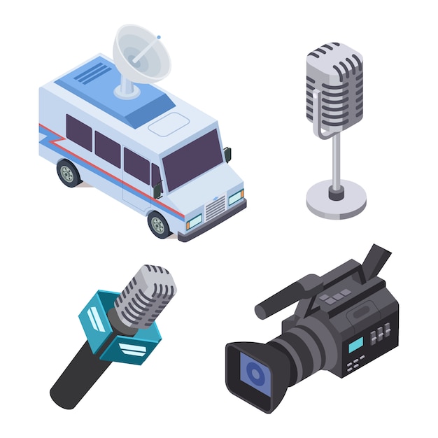 Broadcasting equipment. Television stream electronics, telecommunications 3d isometric vector elements