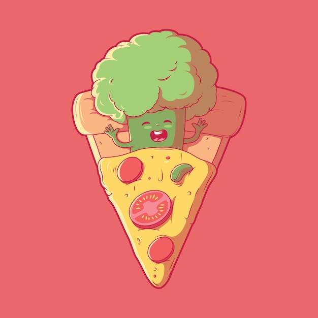 Personaggio di broccoli che dorme in una fetta di pizza food