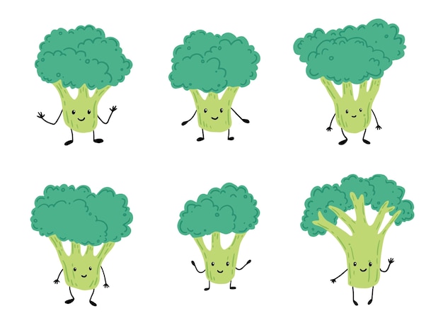 Set di caratteri divertenti del fumetto di broccoli. illustrazione.