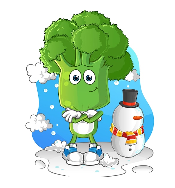 Broccoli head cartoon in cold winter character cartoon vector