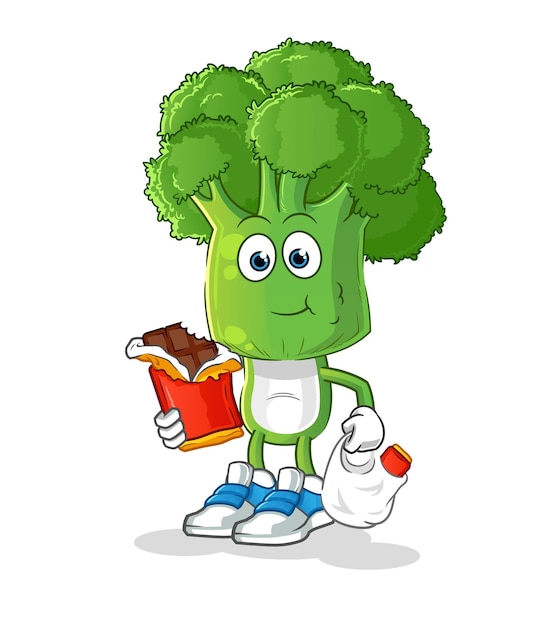 Broccoli head cartoon eat chocolate mascot cartoon vector