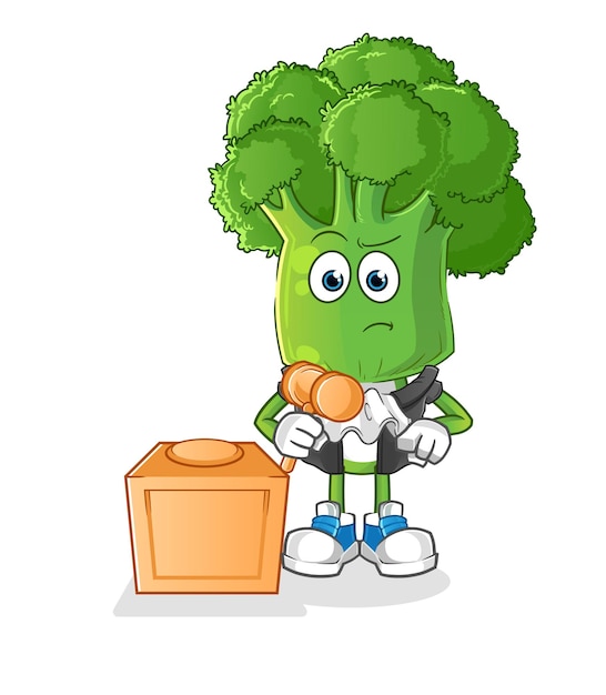 Broccoli head cartoon judge holds gavel character vector