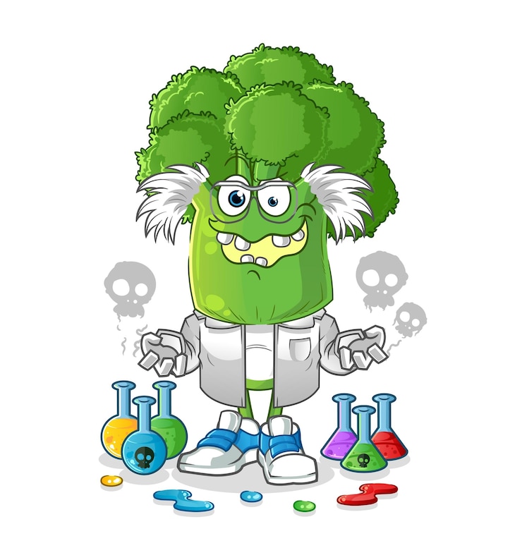 वेक्टर broccoli head cartoon mad scientist illustration character vector