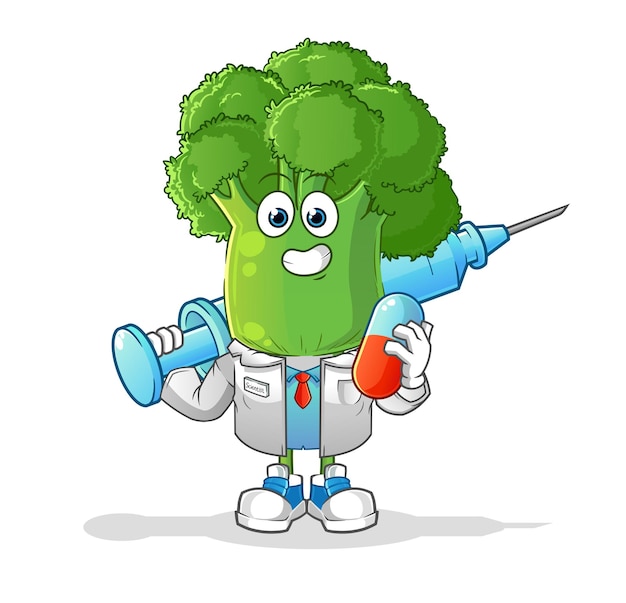 Vector broccoli hoofd cartoon arts met medichine en injectie