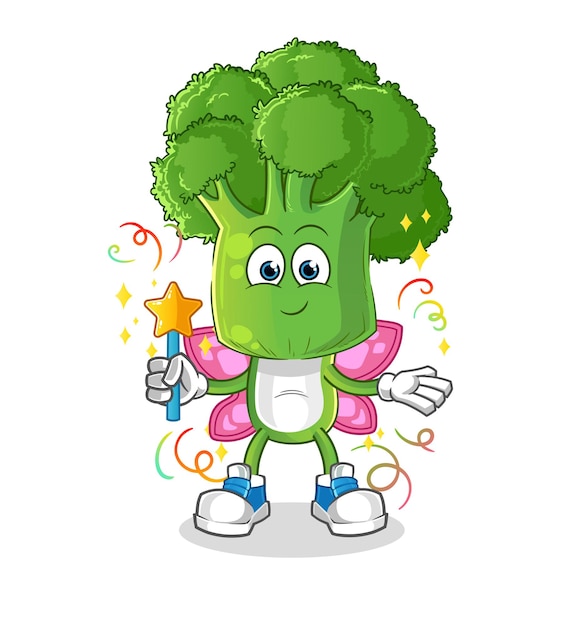 Broccoli hoofd cartoon fee met vleugels en stok cartoon vector