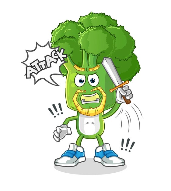 Broccoli hoofd cartoon ridders vallen aan met zwaard cartoon vector